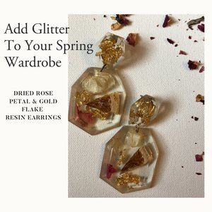 Handmade Resin Rose Petal and Gold Flake Dangle Earrings